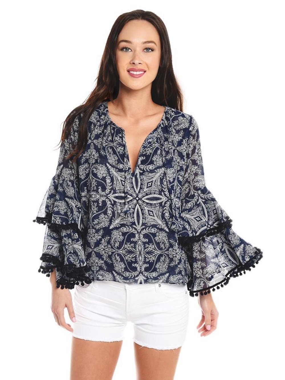 Misa Los Angeles Maya Bohemian Peasant-Style Top in Navy & White
Size M
